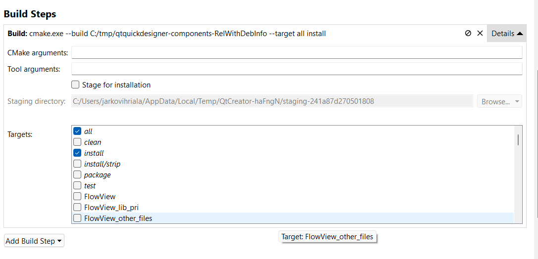 Selecting the install option from the project view in Qt Creator.